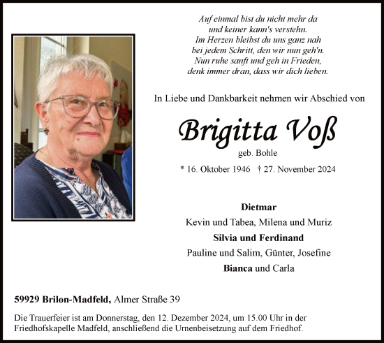 Traueranzeige von Brigitta Voß von WA
