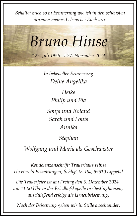Traueranzeige von Bruno Hinse von WA