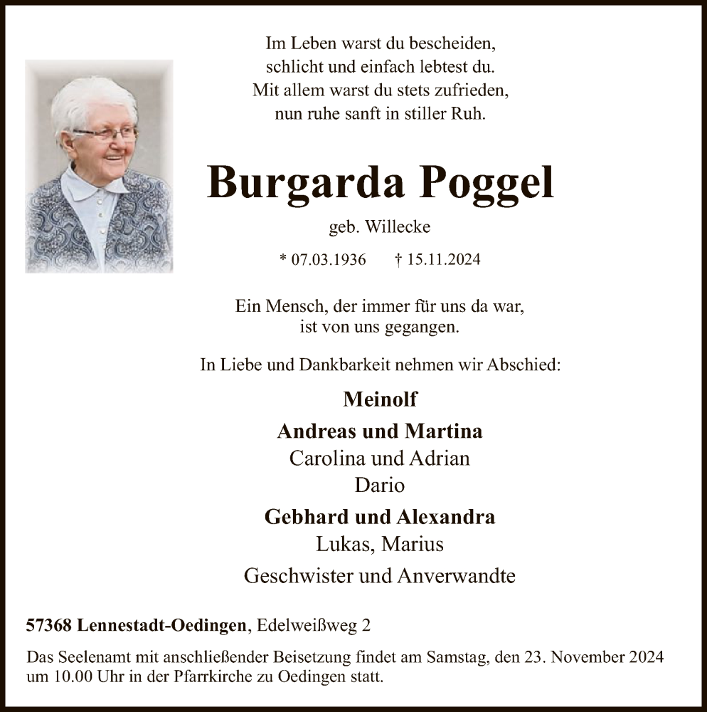  Traueranzeige für Burgarda Poggel vom 23.11.2024 aus WA