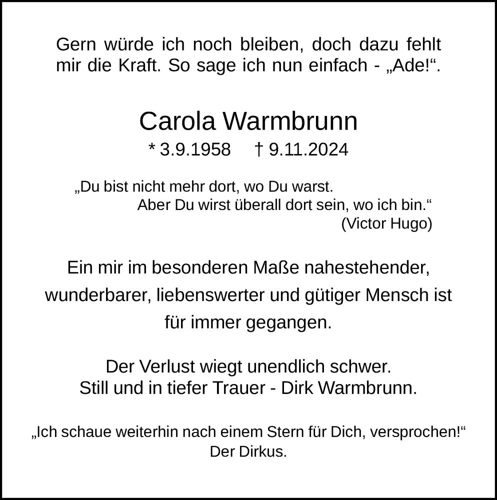  Traueranzeige für Carola Warmbrunn vom 23.11.2024 aus WA