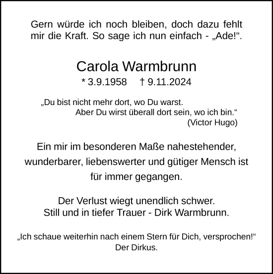 Traueranzeige von Carola Warmbrunn von WA