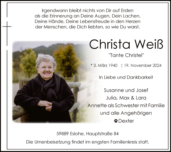 Traueranzeige von Christa Weiß von WA