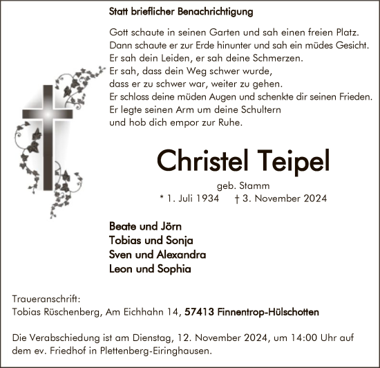 Traueranzeige von Christel Teipel von WAWA