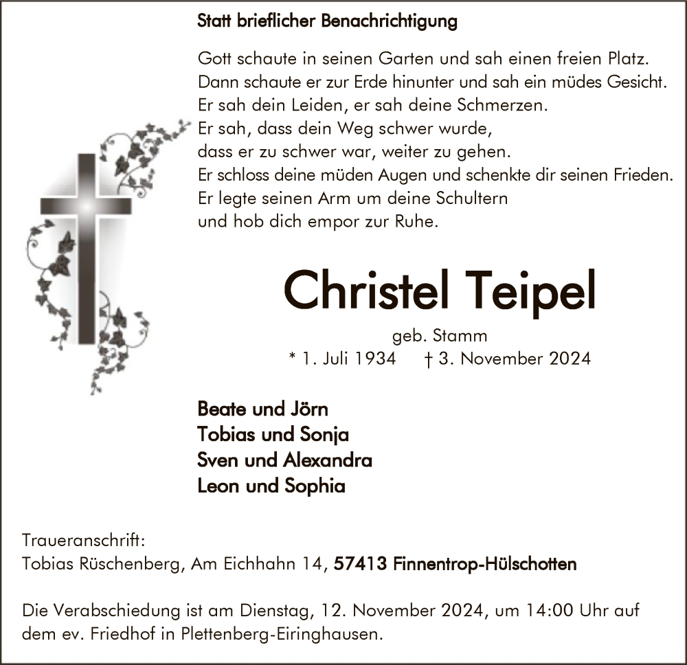  Traueranzeige für Christel Teipel vom 09.11.2024 aus WAWA
