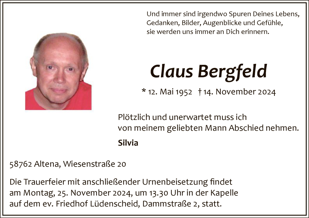  Traueranzeige für Claus Bergfeld vom 19.11.2024 aus WA