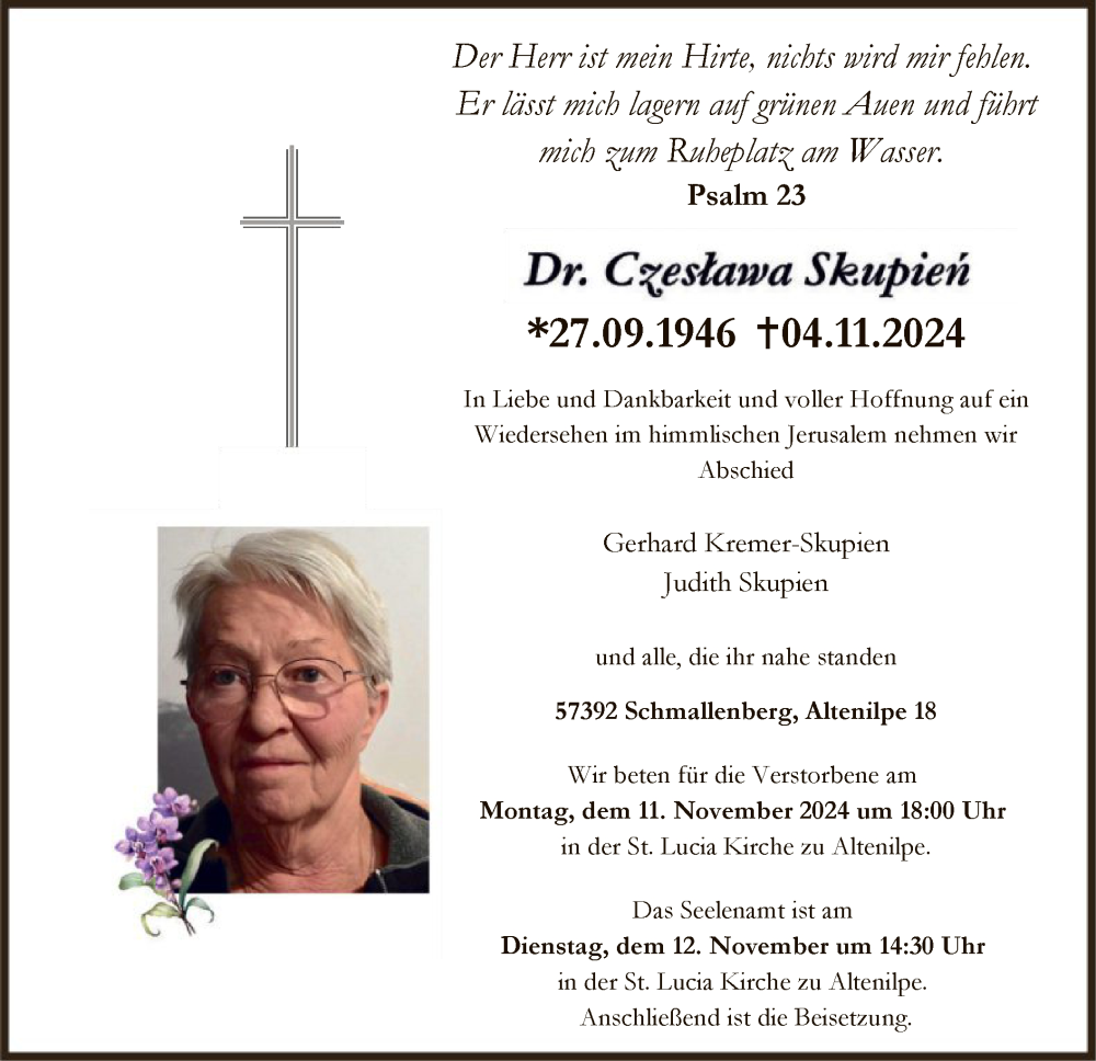  Traueranzeige für Czeslawa Skupien vom 09.11.2024 aus WA