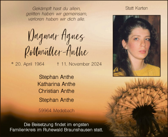 Traueranzeige von Dagmar Agnes Rottmüller-Anthe von WA