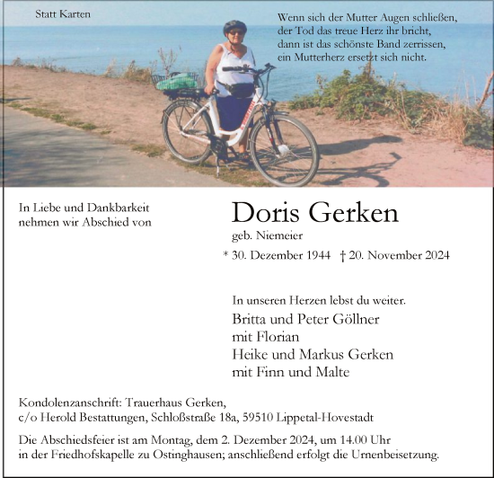 Traueranzeige von Doris Gerken von WA