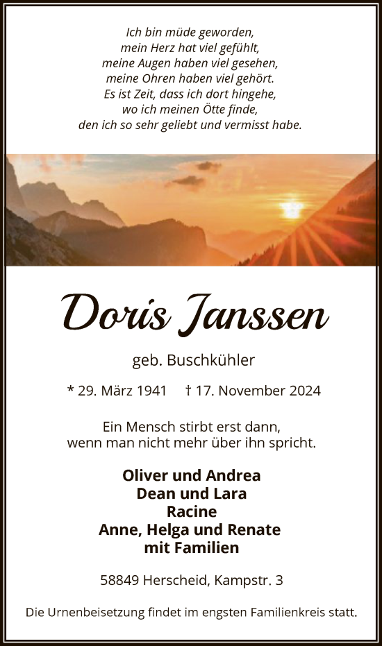 Traueranzeige von Doris Janssen von WA
