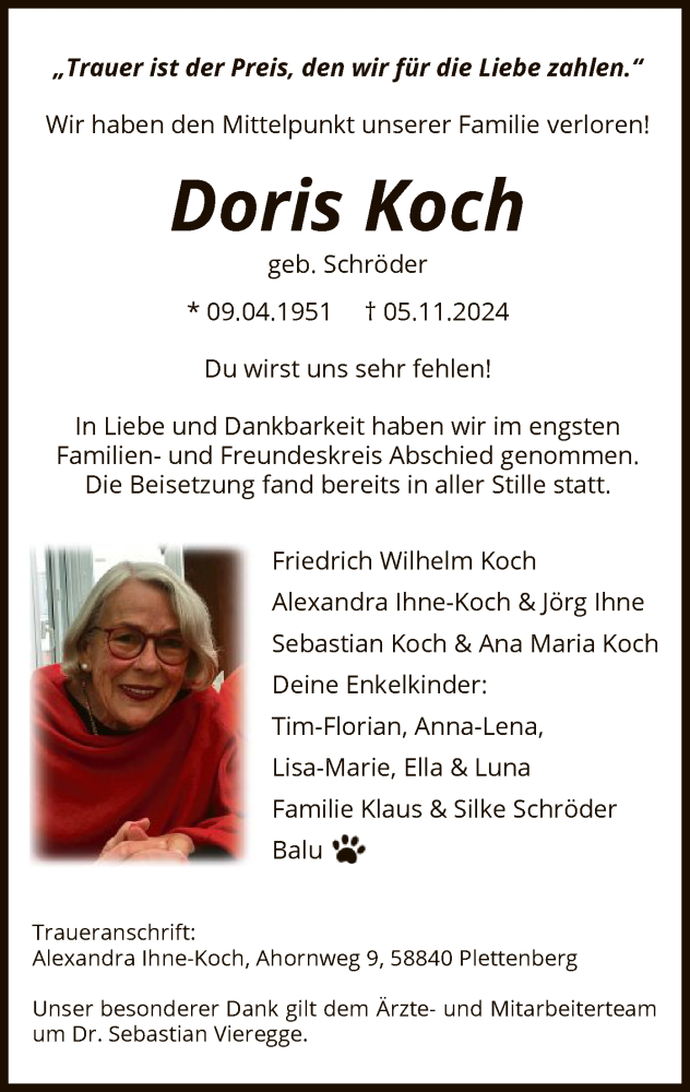  Traueranzeige für Doris Koch vom 16.11.2024 aus WA