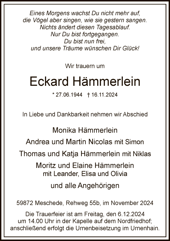  Traueranzeige für Eckard Hämmerlein vom 23.11.2024 aus WA