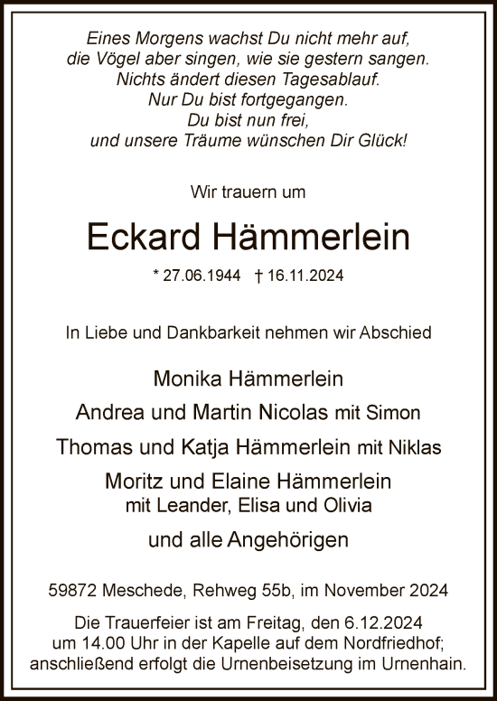 Traueranzeige von Eckard Hämmerlein von WA