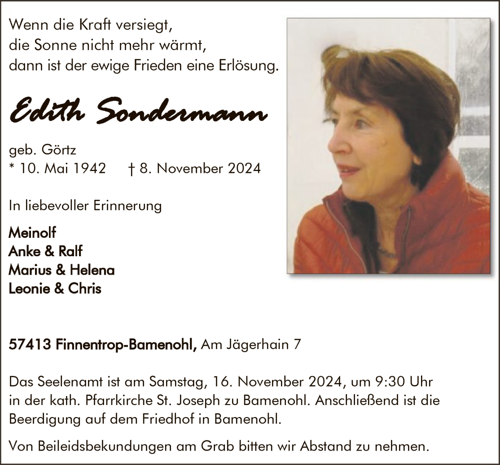  Traueranzeige für Edith Sondermann vom 16.11.2024 aus WA