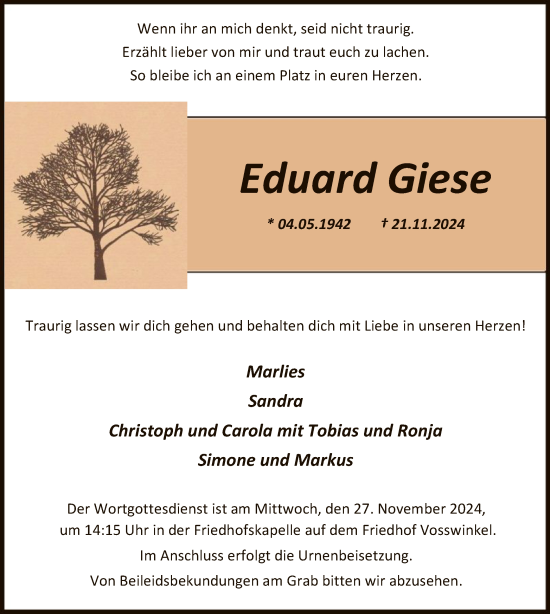 Traueranzeige von Eduard Giese von WA