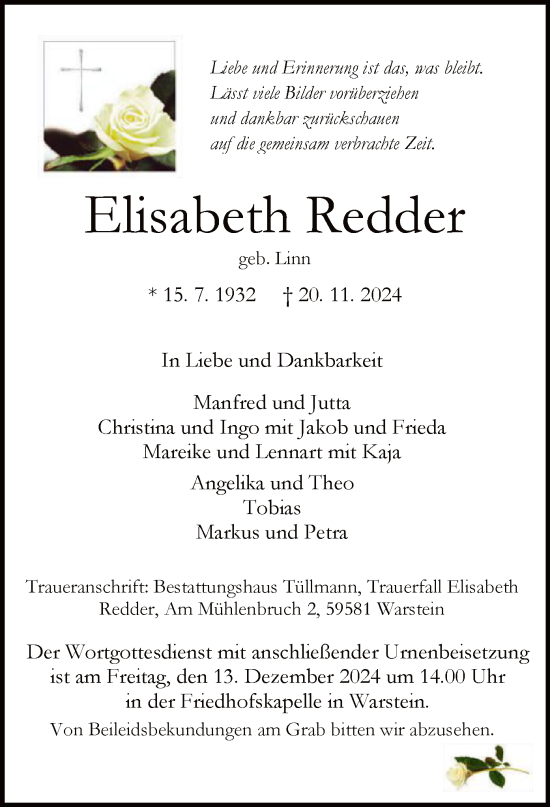 Traueranzeige von Elisabeth Redder von WA