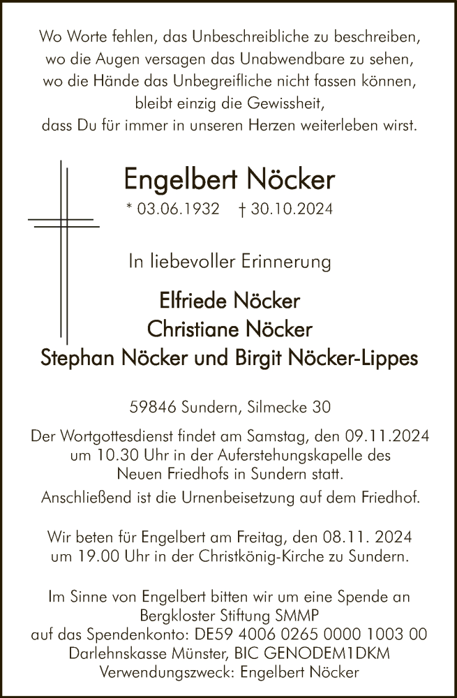  Traueranzeige für Engelbert Nöcker vom 02.11.2024 aus WA