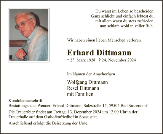 Traueranzeige von Erhard Dittmann von WA