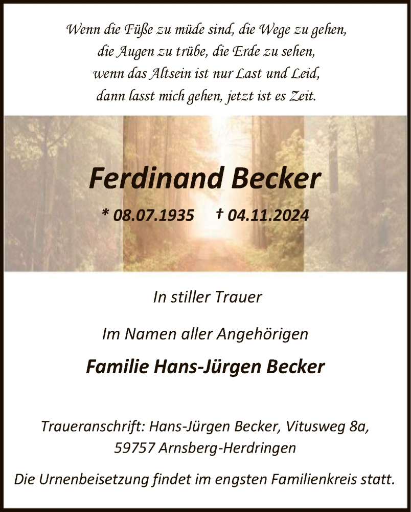  Traueranzeige für Ferdinand Becker vom 09.11.2024 aus WA