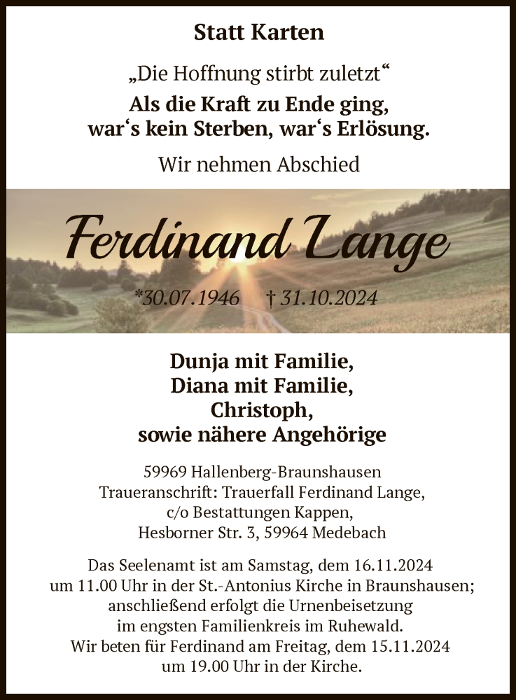 Traueranzeige für Ferdinand Lange vom 09.11.2024 aus WA