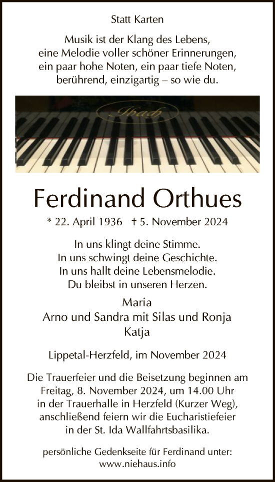 Traueranzeige von Ferdinand Orthues von WA