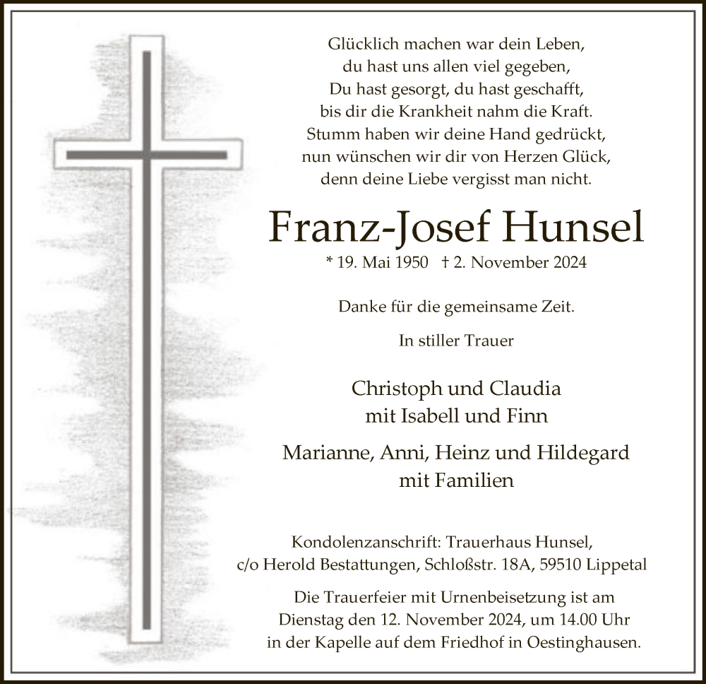  Traueranzeige für Franz-Josef Hunsel vom 06.11.2024 aus WA