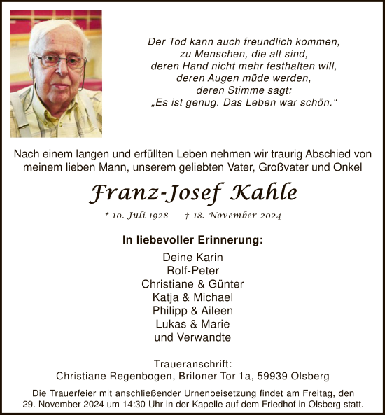 Traueranzeige von Franz-Josef Kahle von WA