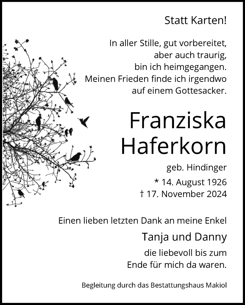  Traueranzeige für Franziska Haferkorn vom 23.11.2024 aus WA