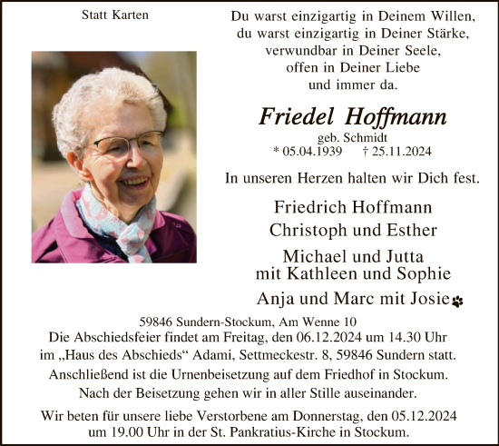 Traueranzeige von Friedel Hoffmann von WA