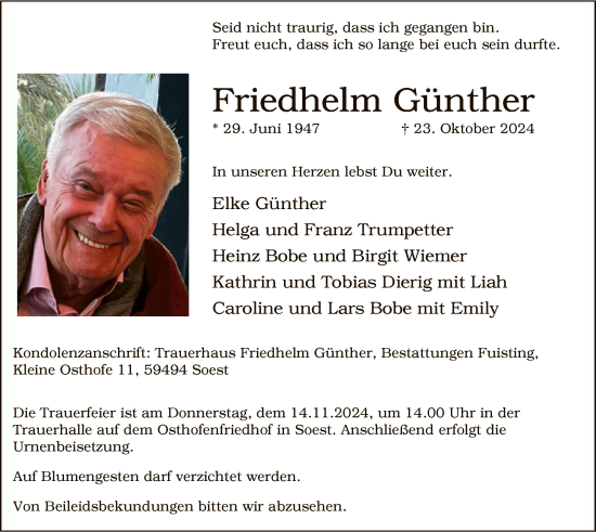 Traueranzeige von Friedhelm Günther von WA