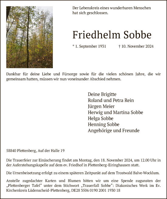 Traueranzeige von Friedhelm Sobbe von WA