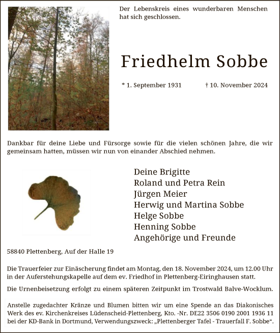 Traueranzeige von Friedhelm Sobbe von WA