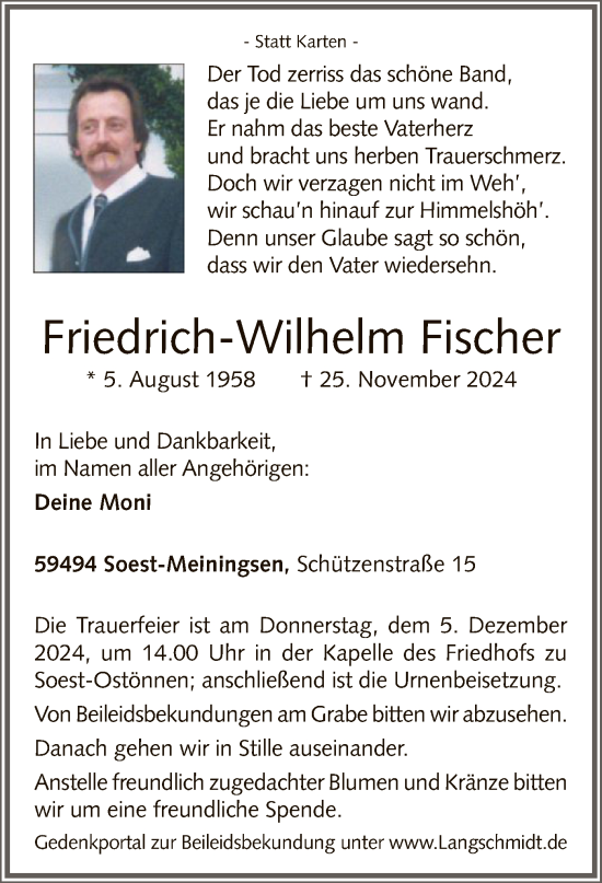 Traueranzeige von Friedrich-Wilhelm Fischer von WA