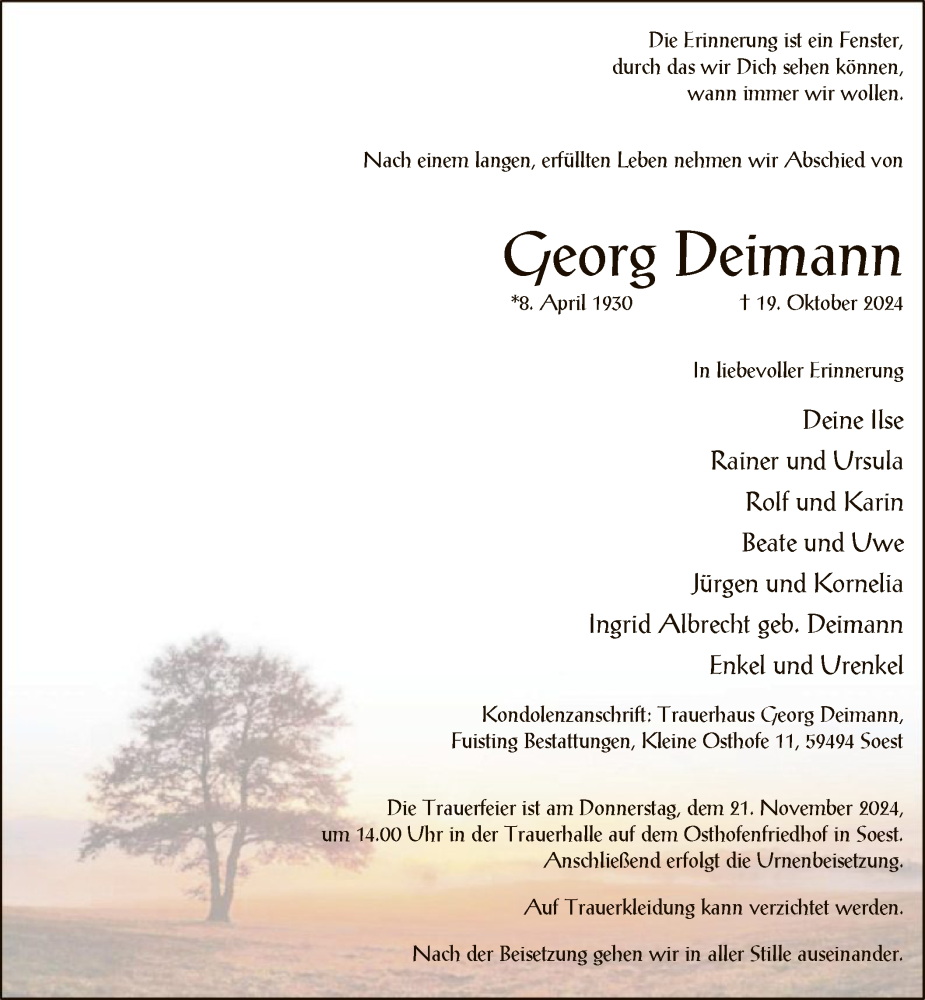  Traueranzeige für Georg Deimann vom 02.11.2024 aus WA