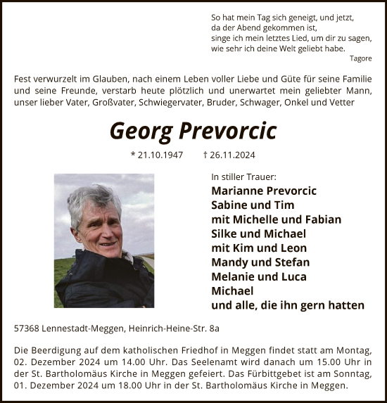 Traueranzeige von Georg Prevorcic von WA