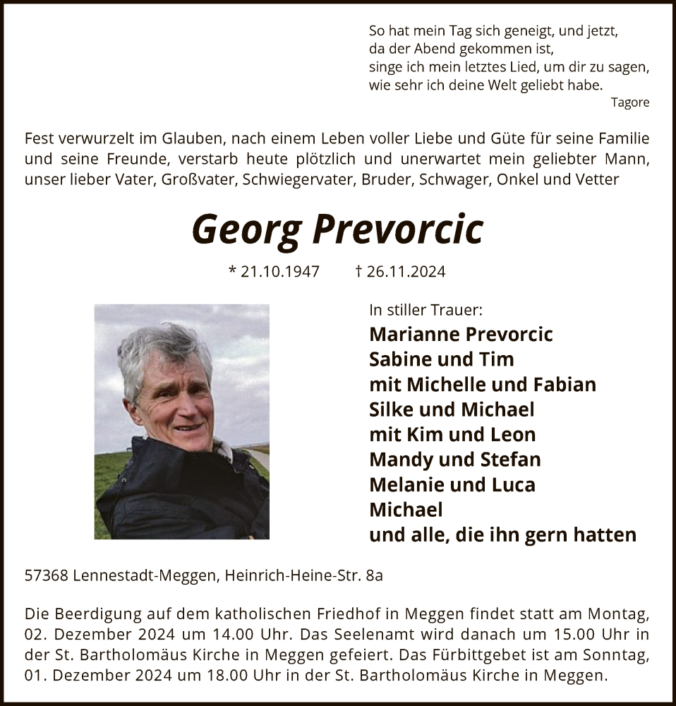  Traueranzeige für Georg Prevorcic vom 30.11.2024 aus WA