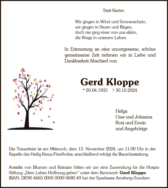 Traueranzeige von Gerd Kloppe von WA