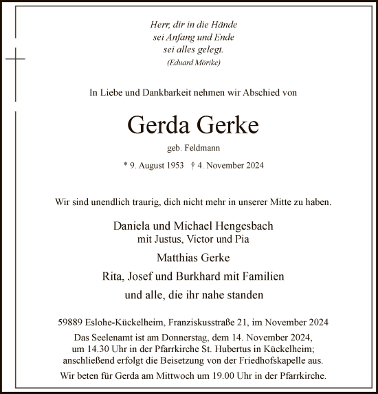 Traueranzeige von Gerda Gerke von WA