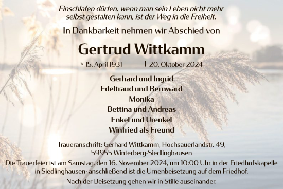 Traueranzeige von Gertrud Wittkamm von WA