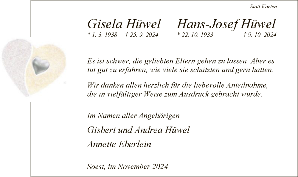  Traueranzeige für Gisela und Hans-Josef Hüwel vom 23.11.2024 aus WA