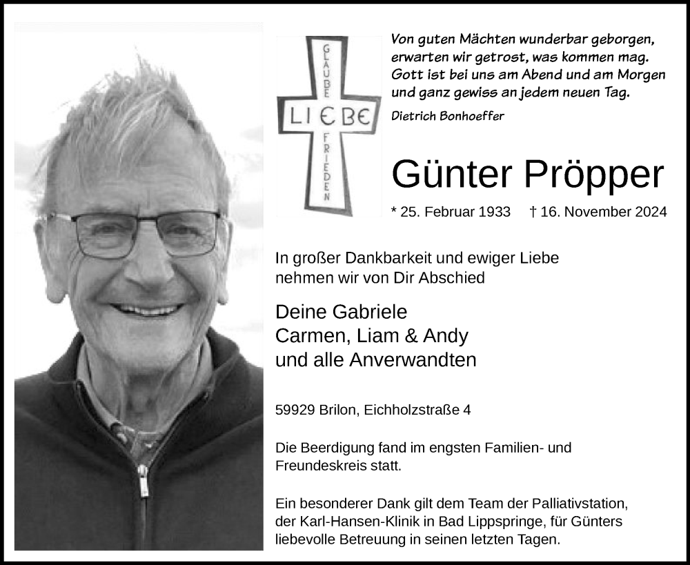  Traueranzeige für Günter Pröpper vom 23.11.2024 aus WA