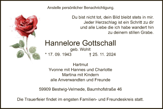 Traueranzeige von Hannelore Gottschall von WA