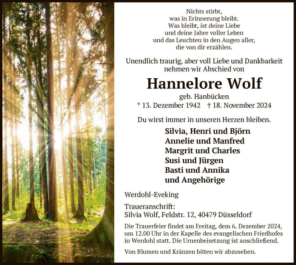  Traueranzeige für Hannelore Wolf vom 23.11.2024 aus WA