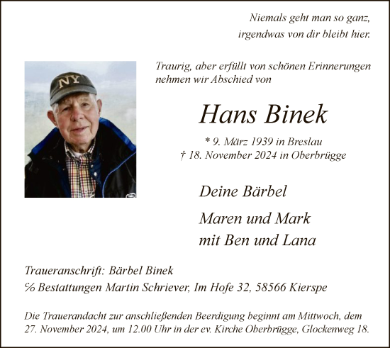 Traueranzeige von Hans Binek von WA