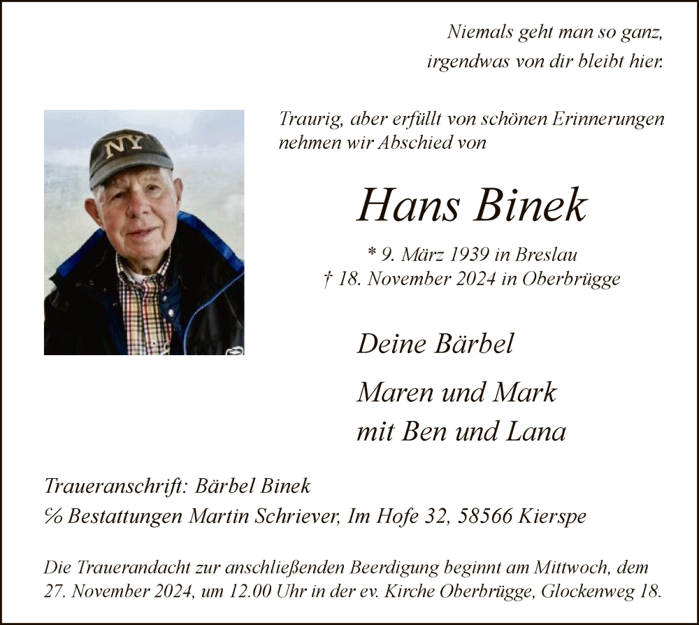  Traueranzeige für Hans Binek vom 23.11.2024 aus WA
