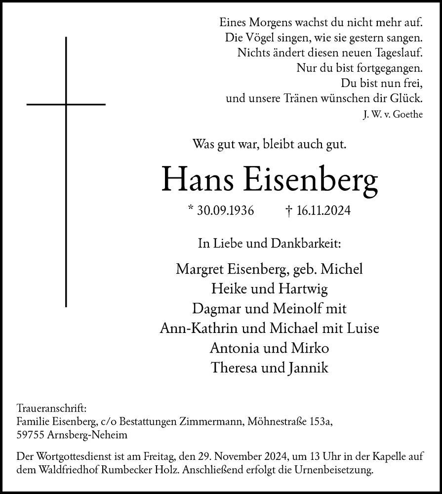  Traueranzeige für Hans Eisenberg vom 23.11.2024 aus WA