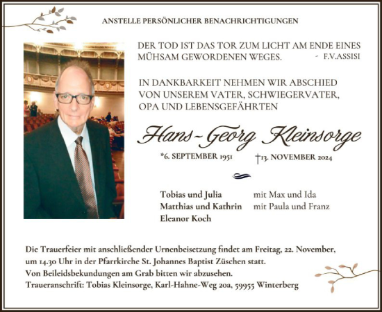 Traueranzeige von Hans-Georg Kleinsorge von WA