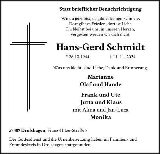 Traueranzeige von Hans-Gerd Schmidt von WA