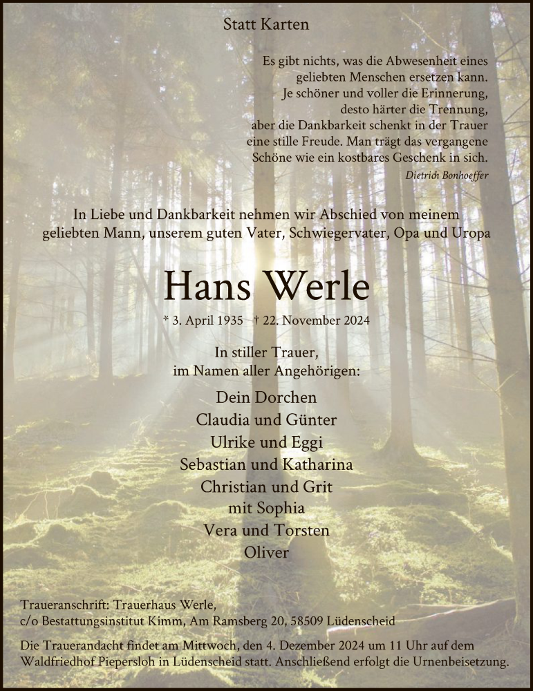  Traueranzeige für Hans Werle vom 30.11.2024 aus WA