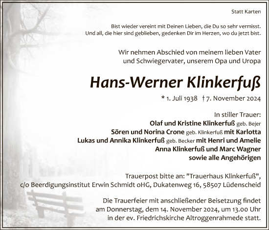 Traueranzeige von Hans-Werner Klinkerfuß von WA