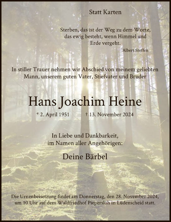 Traueranzeige von Hans Joachim Heine von WA